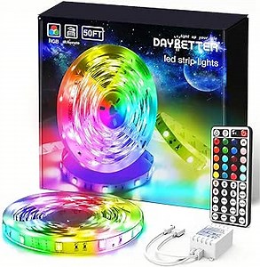 DAYBETTER (2rd Gen) SMD 5050 Remote Control Led Strip Lights 50ft Color Changing with 44Keys Remote Controller and 12V Power Supply for Bedroom