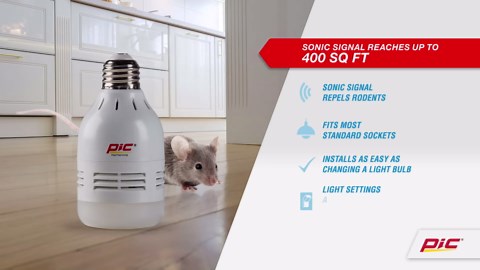PIC Ultrasonic Rodent Repeller LED Light Bulb, Mouse & Rat Deterrent, Pest Control for Homes, Garages, Attics, Works with or Without Light On
