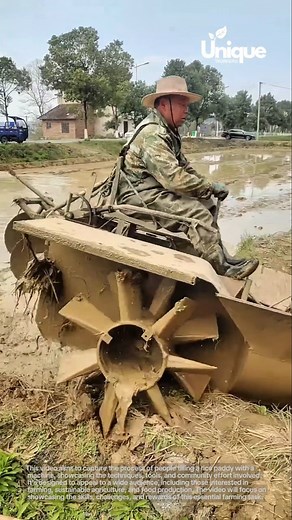 Tilling a rice paddy: preparing the field with a machine