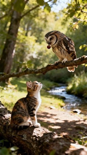 When an Owl Shares Its Snack with a Cat 🐱❤️🦉🍒