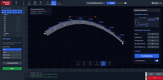 Experience the new Live Optimization Process in Structural Studio, now available in the 2D version with instant recalculation and real-time structural performance. An extended 3D version is coming soon, bringing deeper analysis and visualization to your workflow. Learn more at https://structuralstudio.net/ | Structural Studio
