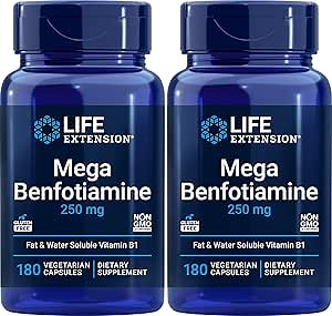 Life Extension Mega Benfotiamine 250 mg 180 Capsules (Pack of 2), Vegetarian Vitamin B Supplement with Thiamine
