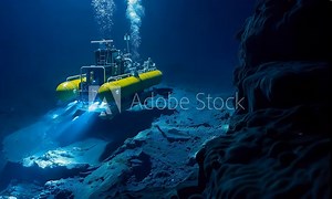 Submersible Exploration: A yellow submersible vehicle navigates the deep blue abyss, its powerful lights illuminating the rocky, mysterious ocean floor, as bubbles rise from its exhaust.