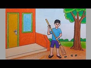 How to draw a person sweeping the house || Simple house drawing