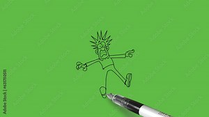 draw cartoon character young man slip down on floor and his hat throw away far with black outline on abstract green screen background