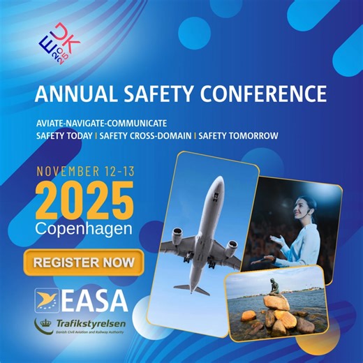 Registrations now open - #EASA Annual Safety Conference 2025! Join us in person for the #EASA2025ASC, hosted in collaboration with Trafikstyrelsen (Danish Civil Aviation and Railway Authority) during the Danish Presidency of the Council of the EU 2025. 📍 Copenhagen, Denmark 🗓️ November 12–13, 2025 Key topics will include cross-domain issues, human challenges in maintenance, competitiveness, ¡Conspicuity, equipment and infrastructure, and the transition to Sustainable Aviation Fuels. 📢 Registr