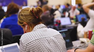 Journalists and correspondents working in media press center, live broadcasting, tv studio channel office, news report coverage of the political forum event, cameraman and editor, creating the news