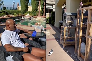 Mike Tyson relaxes with beloved pigeons as boxing legend feeds bird in garden