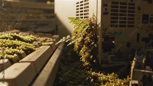 Nature Reclaims Technology Moss and Ferns Grow on Old Computer Keyboard and Monitor