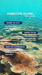 HAMILTON ISLAND MINI GUIDE 🏝️🐠🪸🍹🌅 Dreaming of a holiday destination with beautiful scenery, tropical temperatures, exciting activities and world-class dining that’s conveniently close to home? Look no further than Hamilton Island. Start planning your getaway to this iconic Whitsundays holiday destination with our mini guide: WHERE TO STAY ✨ Soak in the quintessential resort experience at Reef View Hotel ✨ Discover a secluded escape at Palm Bungalows ✨ Escape to an adults-only oasis at Beach