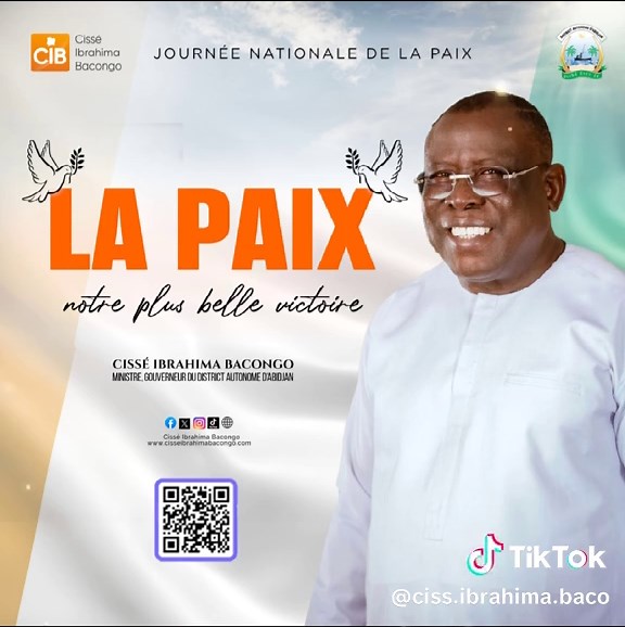 La paix est notre plus belle victoire, le socle sur lequel nous bâtissons une Grande Côte d’Ivoire et une Nation toujours plus forte. En cette Journée Nationale de la Paix, j’adresse mes vœux sincères de sérénité, de cohésion et de fraternité à l’ensemble des populations. Puissions-nous continuer, ensemble, à préserver cet acquis précieux qui garantit notre développement, notre stabilité et notre vivre-ensemble. Excellente et pacifique Journée Nationale de la Paix à toutes et à tous.