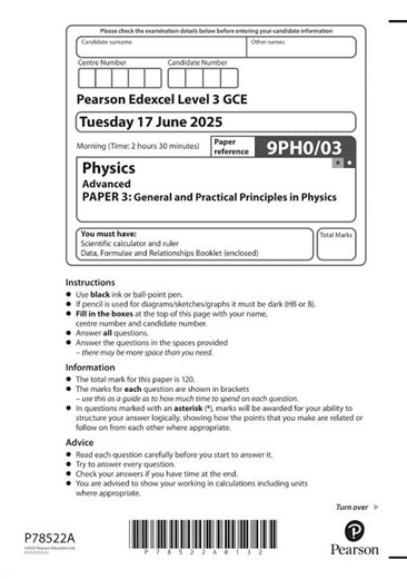 2025 Pearson EDEXCEL A Level Physics Paper 3 9ph0 03 General And Practical Principles In Physics