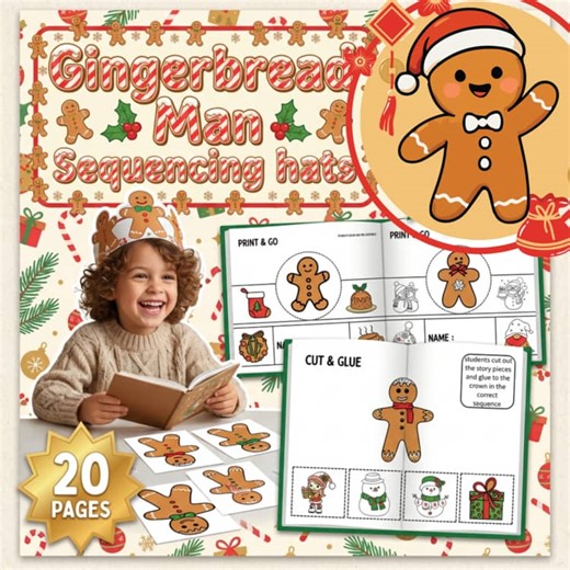 Gingerbread Man Sequencing Activity Craft Christmas Story Printable Hats