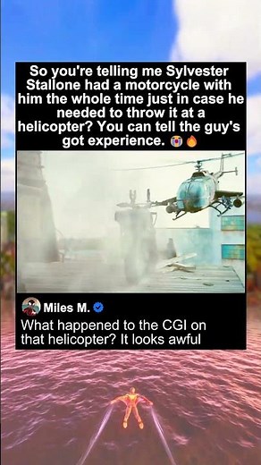 The Expendables 2 - Sylvester Stallone throws a motorcycle at a helicopter (2012)