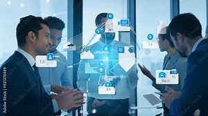 Team members discuss strategies and ideas in a collaborative work environment