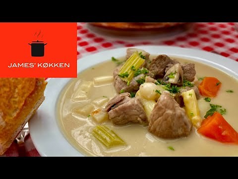 Kalvefrikassé - mørt kalvekød og masser af grøntsager i en cremet, lys sauce.