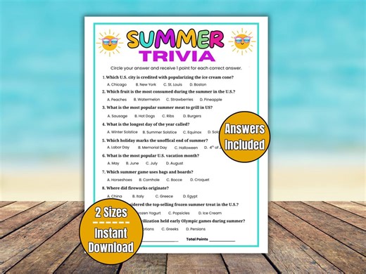 Summer Trivia Game, Summer Trivia Questions, Family Trivia Quiz for Kids, Teens, Adults, Seniors, Pool Party BBQ Game, Fun Summer Party Game - Etsy
