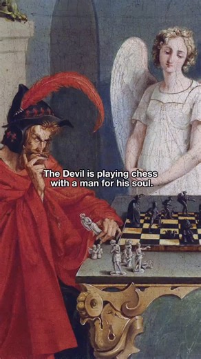 crime on Instagram: "In The Devil’s Checkmate (1831), Friedrich Moritz August Retzsch depicted a chess match between a young man and the Devil, with the man’s soul at stake. When chess master Paul Morphy studied the painting years later, he noticed something surprising. By carefully analyzing the position of the pieces, he concluded that the young man was not actually in checkmate, as it seemed. There was still one move that could place the Devil in check and turn the game around. This interpret