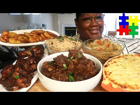 JAMAICAN MEAL OXTAILS JERK CHICKEN RICE AND PEAS PLANTAIN CABBAGE COOKING AND EATING