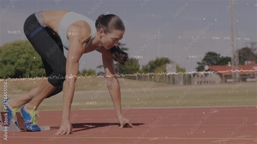 Woman sprinter pushing off starting blocks, driving strides to start track sprint with waveform