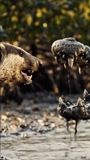 Honey Badger Vs Crocodile Muddy Clash On The Riverbank