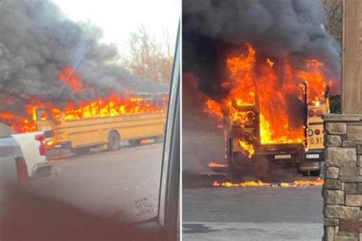 Shocking moment school bus bursts into flames with kids onboard