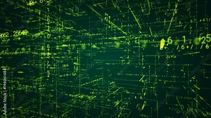 Technological intro.Futuristic HUD Digital Grid Rotation.Camera rotating in matrix with Hud digital elements.Numbers in 3D cyberspace.Green.Type 5
