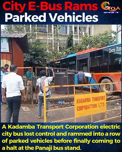 25K views · 169 reactions | A Kadamba Transport Corporation electric city bus lost control and rammed into a row of parked vehicles before finally coming to a halt at the Panaji bus stand. #goa #goanews #EBus #Rams #Kadamba | In Goa 24x7 | Facebook