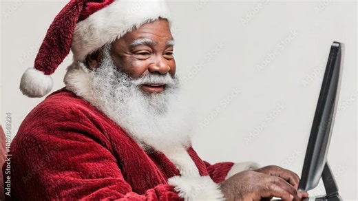 Video A festive of Santa Claus typing away on a laptop, perfect for holiday-themed projects or adding a touch of humor to your content