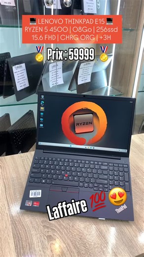 BELBAL INFORMATIQUE on Instagram‎: "L’affaire 💯🏅 🖤🖤 LENOVO THINKPAD E15 🖤🖤 حاسوب تحفة ماشاء الله ✅ RYZEN 5 4500U ÉQUIVALENT i5 11eme ✅ 08Go DDR4 DISPONIBLE 16Go ✅256GB SSD ✅ECRAN 15.6 Pouce FHD ✅ amd radeon Vega 7 graphics 🔌CHARGEUR ORGINAL TYPE C / BATTERIE +3H 💰PRIX: 59990 لا تضيع الفرصة تواصل معنا الان للشراء 🔥 ——— BELBAL INFORMATIQUE——— المحل في باب الزوار بجانب جامعة USTHB المحل الثاني في بريكة باتنة 😊Nous sommes à votre service 🙏 📞 : 0665868025 #barika #batna #informatique #pc 