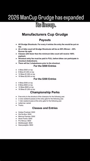 We leveling UP over here at the Manufacturer’s Cup Drag Racing Series 💪🏾🔥 For 2026, the grudge game just got real. We’re expanding classes to make room for the grudge racers who already traveling with us all season, hitting multiple motorcycle events. Now you’ll have the chance to run more than one class at one venue, get more passes, more shine, and give the fans WAY more action 🏁 More bikes. More matchups. More entertainment. Period. We’re also stretching the map in 2026 — more cities acro