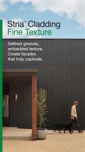 Stria™ Cladding Fine Texture is the latest extension of our popular Stria™ Cladding range. This solid, 14mm thick stackable board features a sharp v-groove combined with an embedded fine render texture for a robust feel on the ground floor, and can be installed vertically or horizontally for ultimate design versatility. | James Hardie