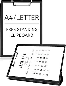 Free Standing Clipboard and Desktop Stand with Adjustable Buckles Easel Back - Foldable Stand and Document Holder for School, Office and Business Use (9.37 x 12.6 inches) (Black)