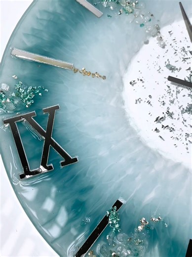 Resin Clock. * Made by SANAAA epoxyresin * Large classic Diy Clock *Cyan & clear & crystal rock combination. #epoxyresin #resinclock #resinpour #resindecor #SANAAA