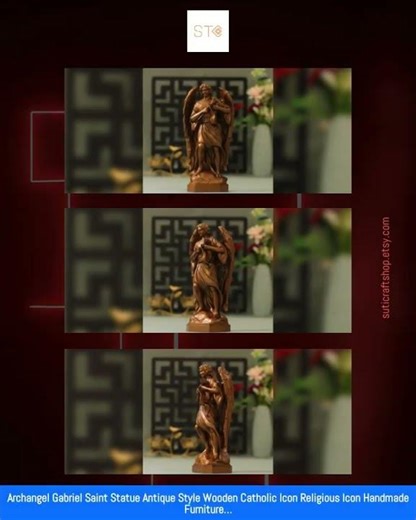 Archangel Gabriel Saint Statue Antique Style Wooden Catholic Icon Religious Icon Handmade Furnitu...