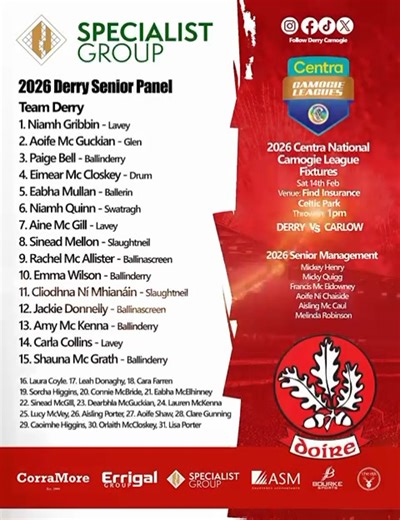 ❤️GAME IS 1PM ❤️ Here is your captains and team line out 💪 Half time games included 👏 #players #dreambig #bepartofit @specialist_group_sg @corramoreltd @theelkcomplex @_asmaccountants @errigalgroup @bourkesports | Derry Camogie
