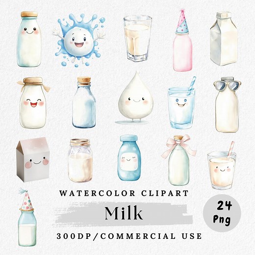 Milk Clipart Bundle, Cute Milk Character Pngs, Kawaii Milk Illustrations, Cartoon Milk Carton, Watercolor Dairy Clipart, Digital Milk Art - Etsy