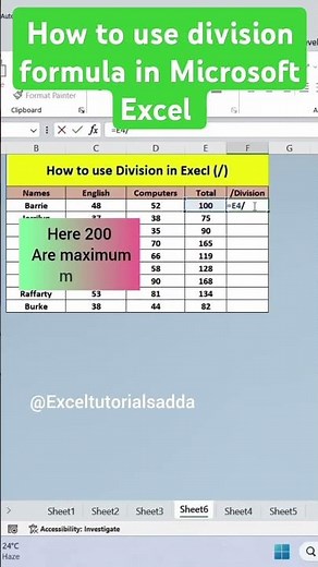 How to apply division formula in Excel ‪@Exceltutorialsadda‬#basicexcel #trending #ytshorts #virval