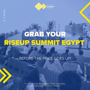 RiseUp Summit Egypt tickets are here, now’s the time to CATCH THE EARLY BIRD! 🔹350 global speakers 🔹300 startup exhibitions 🔹Capital, tech and creative industry leaders 🔹Pitch competitions 🔹Workshops 🔹Daily entertainment 🔹Surprise features to be announced soon! Hurry up and book before the price goes up! https://riseupsummit.ticketsmarche.com/en/all.html Deadline: April 9th, 11:59pm 📅16.17.18 May 📍Grand Egyptian Museum (GEM) Note: — If you’ve pre-registered, please check your email for 