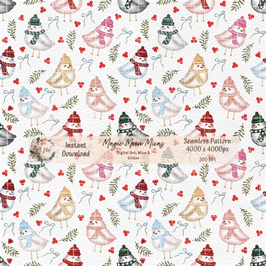 Watercolor Winter Birds Seamless Pattern | Holiday Digital Paper (PNG Download) - Etsy