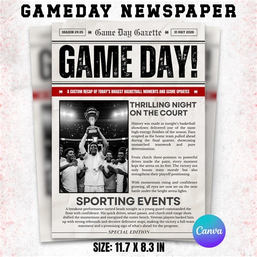 Gameday Newspaper Poster Template, Sport Gameday Flyer, Coaches Gifts, Football Flyer, Football Poster, Football Wall Art, Canva - Etsy