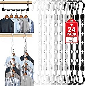 24 Pack Hangers Space Saving Magic Space Saver Hangers Black White Grey | Smart Clothes Hanger Organizer Closet Organizers and Storage for Closet Wardrobe Apartment College Dorm Room Essentials