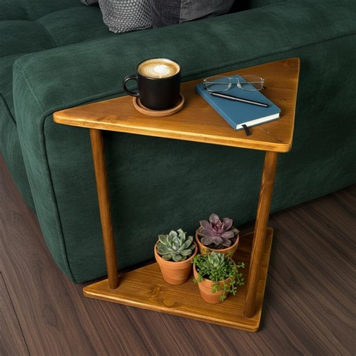 Triangular Side Table, Hardwood C Shape Desk, Minimalist Couch Stand, Corner Space Saver