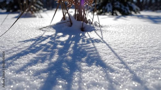 Brilliant sunlight illuminates a pristine blanket of sparkling fresh snow creating a mesmerizing winter wonderland scene with long dramatic shadows stretching across the glistening surface highlighti.
