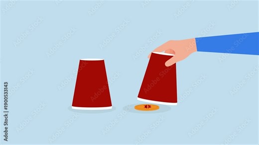 Bitcoin bet, 4k animation of Playing guessing by hand, reveal the winnings with a physical Bitcoin coin under real glass