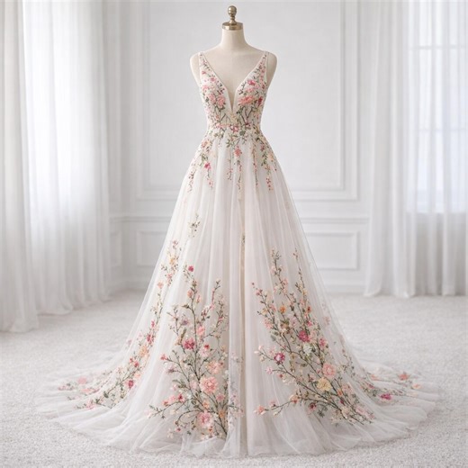 Boho Floral Mermaid Wedding Dress, Deep V Neck Tulle Bridal Gown, Garden Bride Embroidered Wedding Dress - Etsy