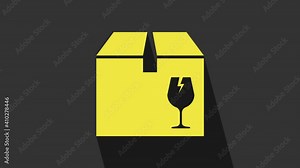 Yellow Delivery package box with fragile content symbol of broken glass icon isolated on grey background. Box, package, parcel sign. 4K Video motion graphic animation