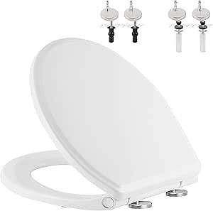Hibbent Premium Round Toilet Seat with Cover Quiet Close, One-Click to Quick Release, Easy Installation Non-Slip Seat Bumpers, Slow Close Toilet Seat and Cover, Easy Cleaning-White Color