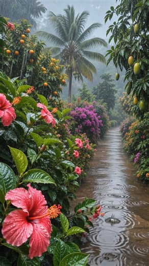 🌧️ Tropical Flower Garden in Heavy Rain 🌺 | Relaxing Rain Sounds & Nature 4K