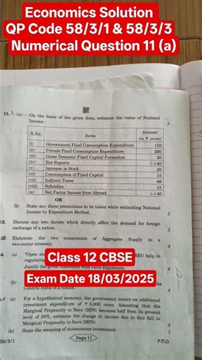 Previous Year Question Economics Solution Class 12 CBSE,2024 QP Code 58/3/2 #pyq Answer key #pyqs